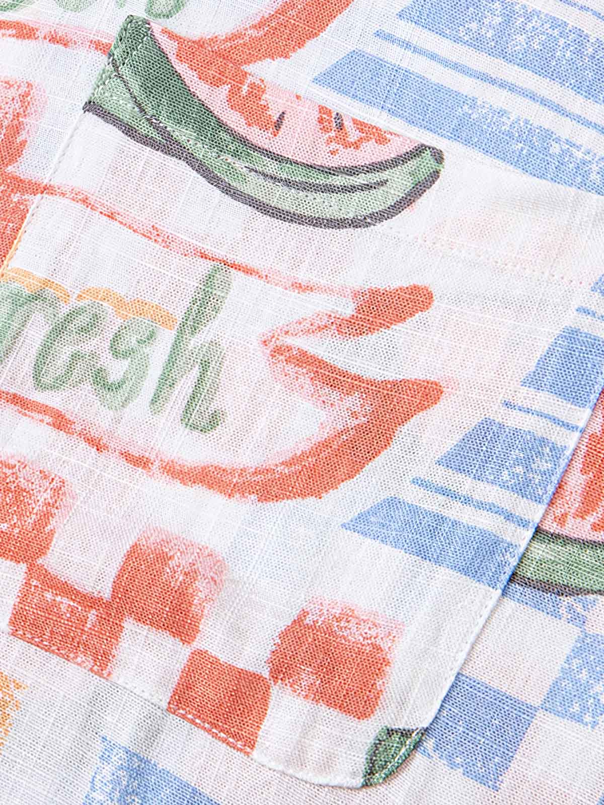 製品画像: アイランド柄&フルーツ柄コットンリネンキューバカラーシャツ
詳細画像: オイルペイント風プリント柄と生地のディテール