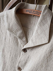 詳細画像:シャツの質感とココナッツシェルボタンのディテール図