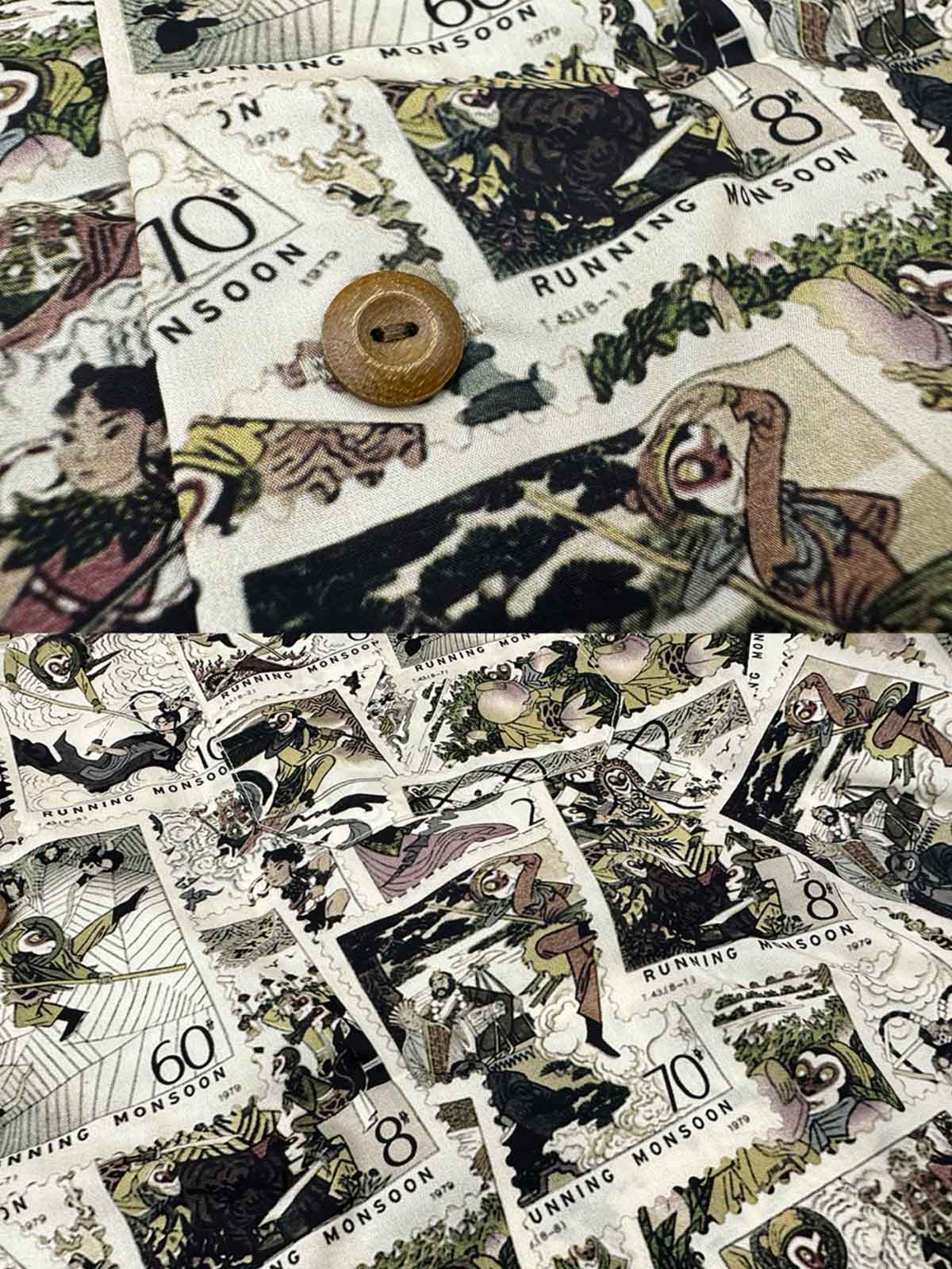 詳細画像:シャツの切手柄プリントディテール特写図