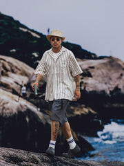 オープンカラー ストライプ柄 半袖シャツ