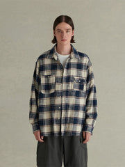 ブルー×ベージュ 天竺綿 チェック柄 シャツ