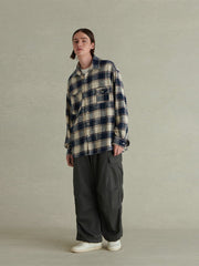 ブルー×ベージュ 天竺綿 チェック柄 シャツ