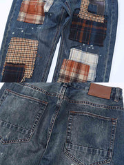 タータン パッチワーク ストレート デニムパンツ
