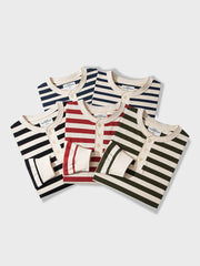 ボーダー柄 ヘンリーネック 長袖Tシャツ