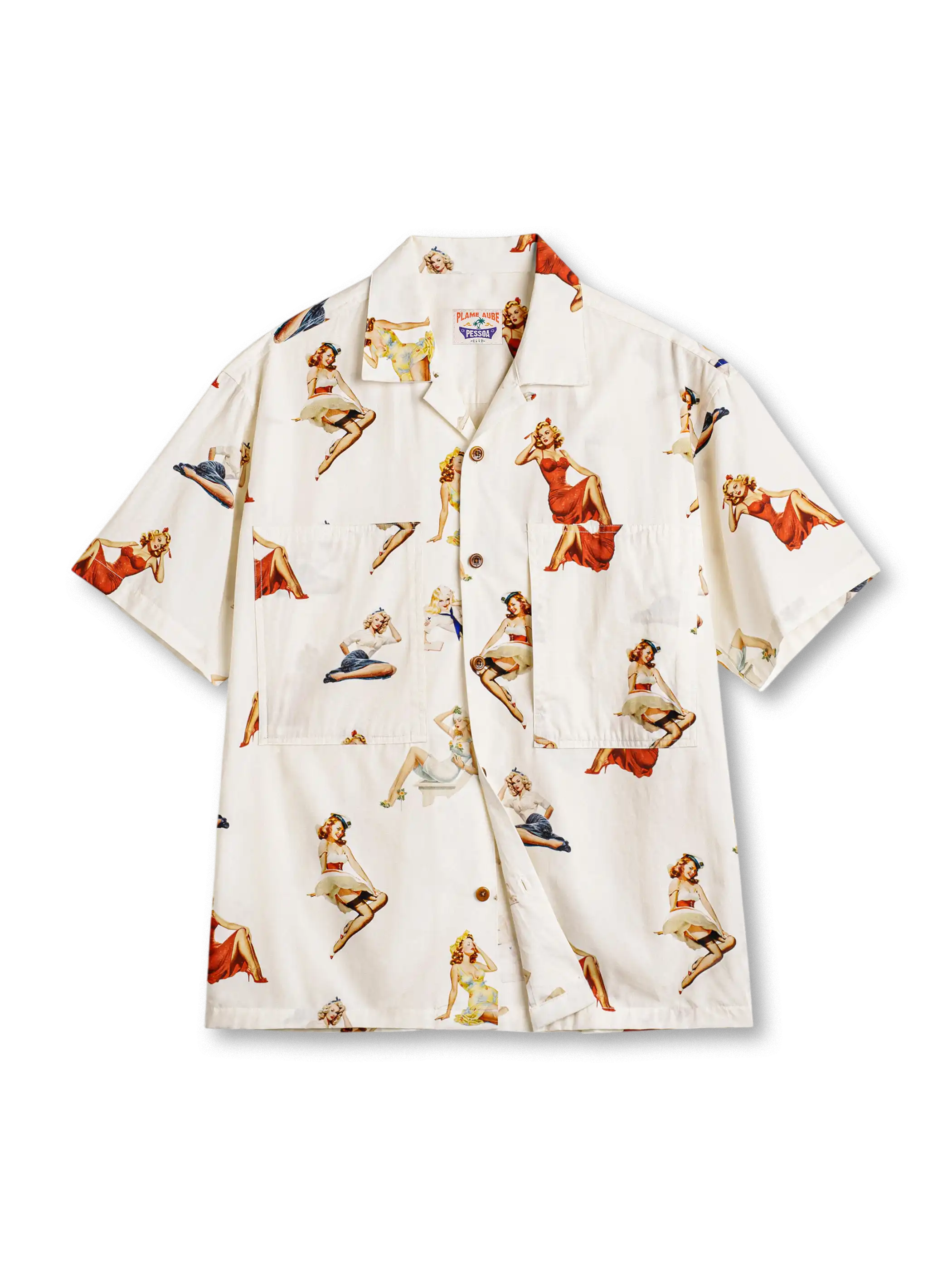 ピンナップガール総柄を配したキューバカラーシャツ、軽やかなコットンレーヨン混紡素材使用
