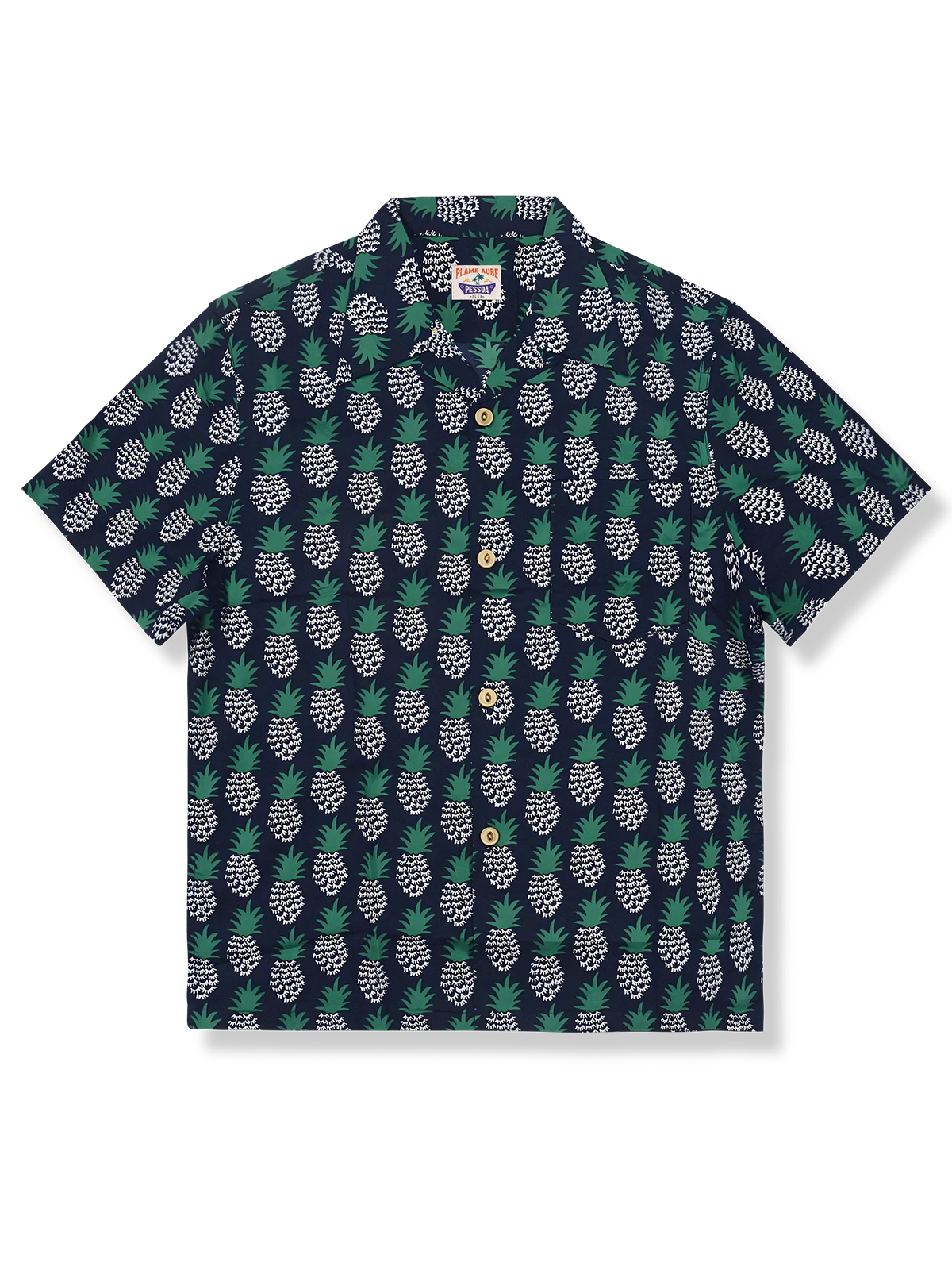 植物柄パイナップル柄アロハシャツ、ブルーベース、キューバ襟、ネコ目ボタン、ココナッツボタン、コットン素材