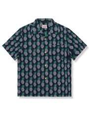 植物柄パイナップル柄アロハシャツ、ブルーベース、キューバ襟、ネコ目ボタン、ココナッツボタン、コットン素材