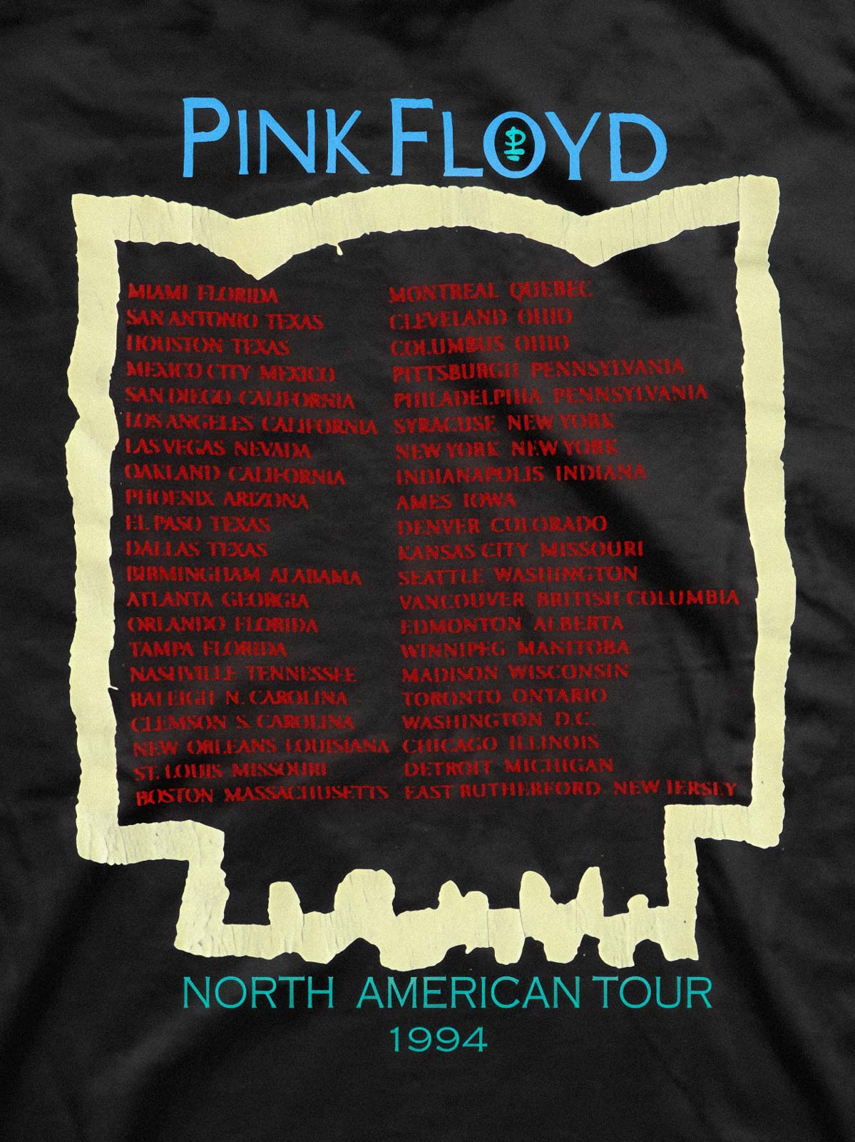 Tシャツのバック、ツアー都市リスト、Pink Floydツアー情報