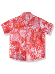 ピンクのパームツリー柄とルーズフィットが特徴の混紡キューバカラーアロハシャツ
