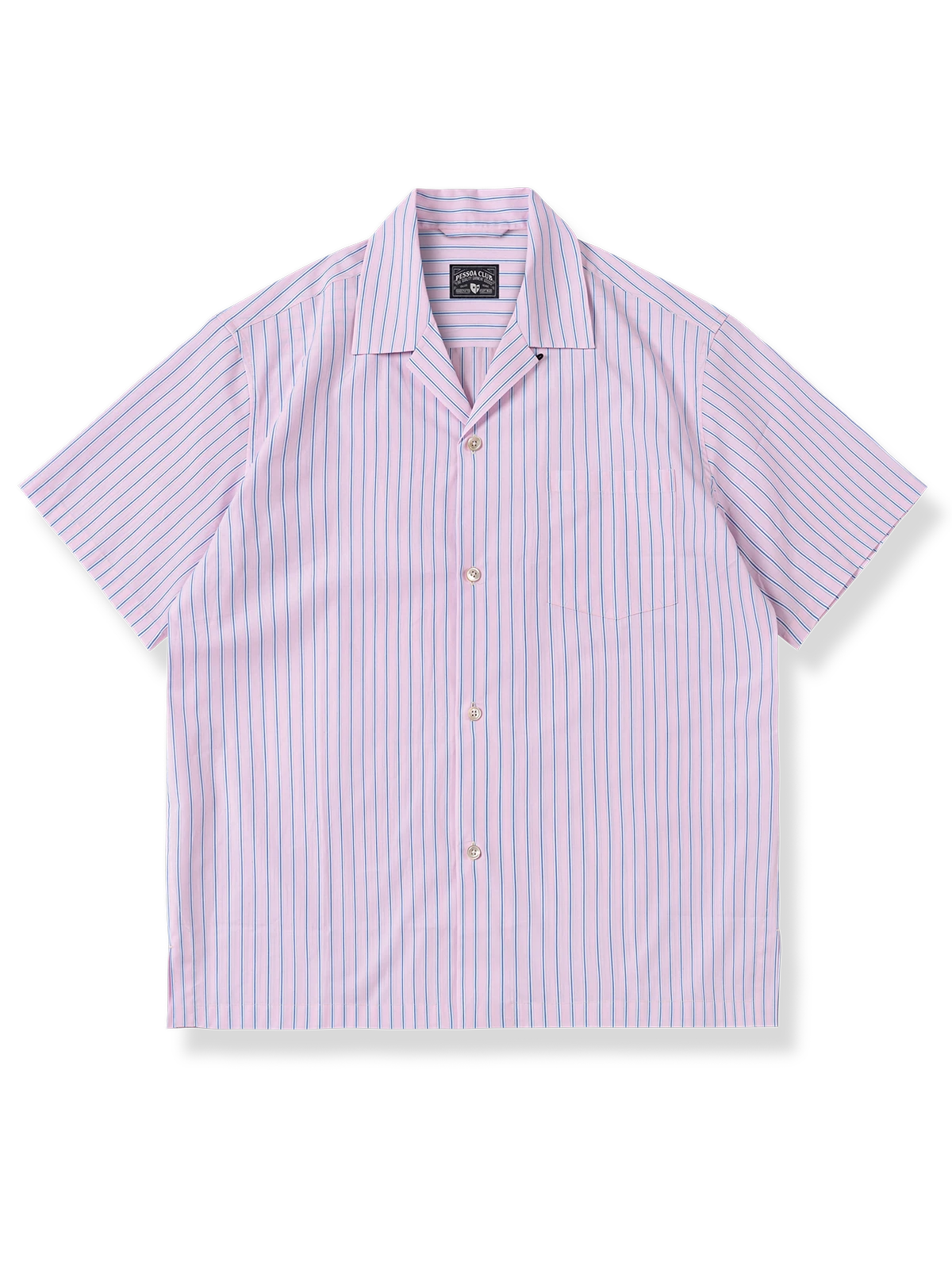 ピンクストライプ柄キューバシャツ、淡ピンク×青ストライプ、ルーズフィット、パールボタン、純綿素材