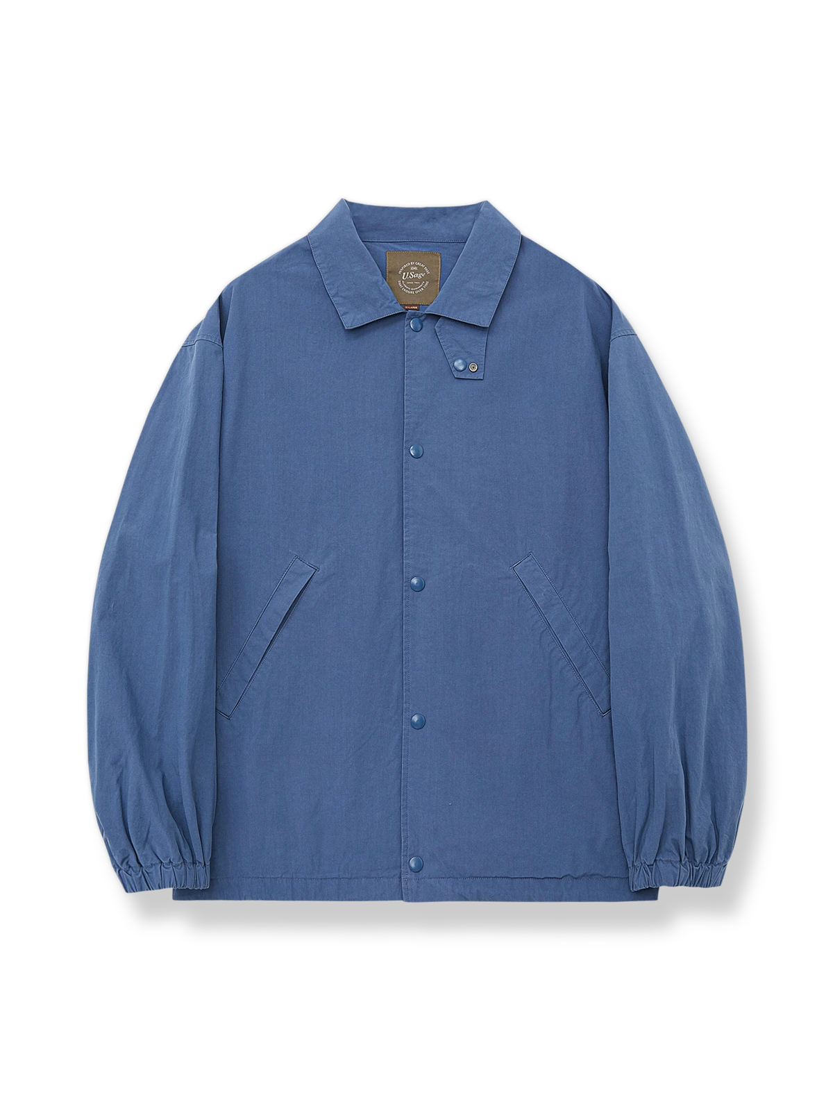 無地3色展開の高密度コットンナイロン混紡コーチジャケット、スタンドカラーとドローストリング付き。