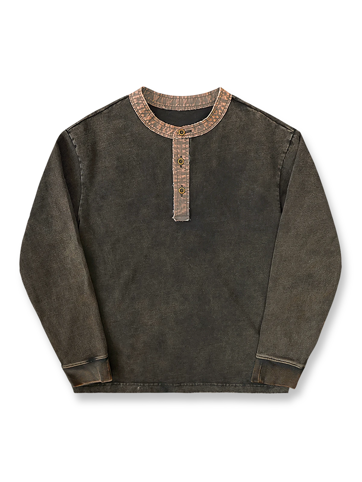 植物染めとヴィンテージ加工が特徴のヘンリーネック長袖Tシャツ