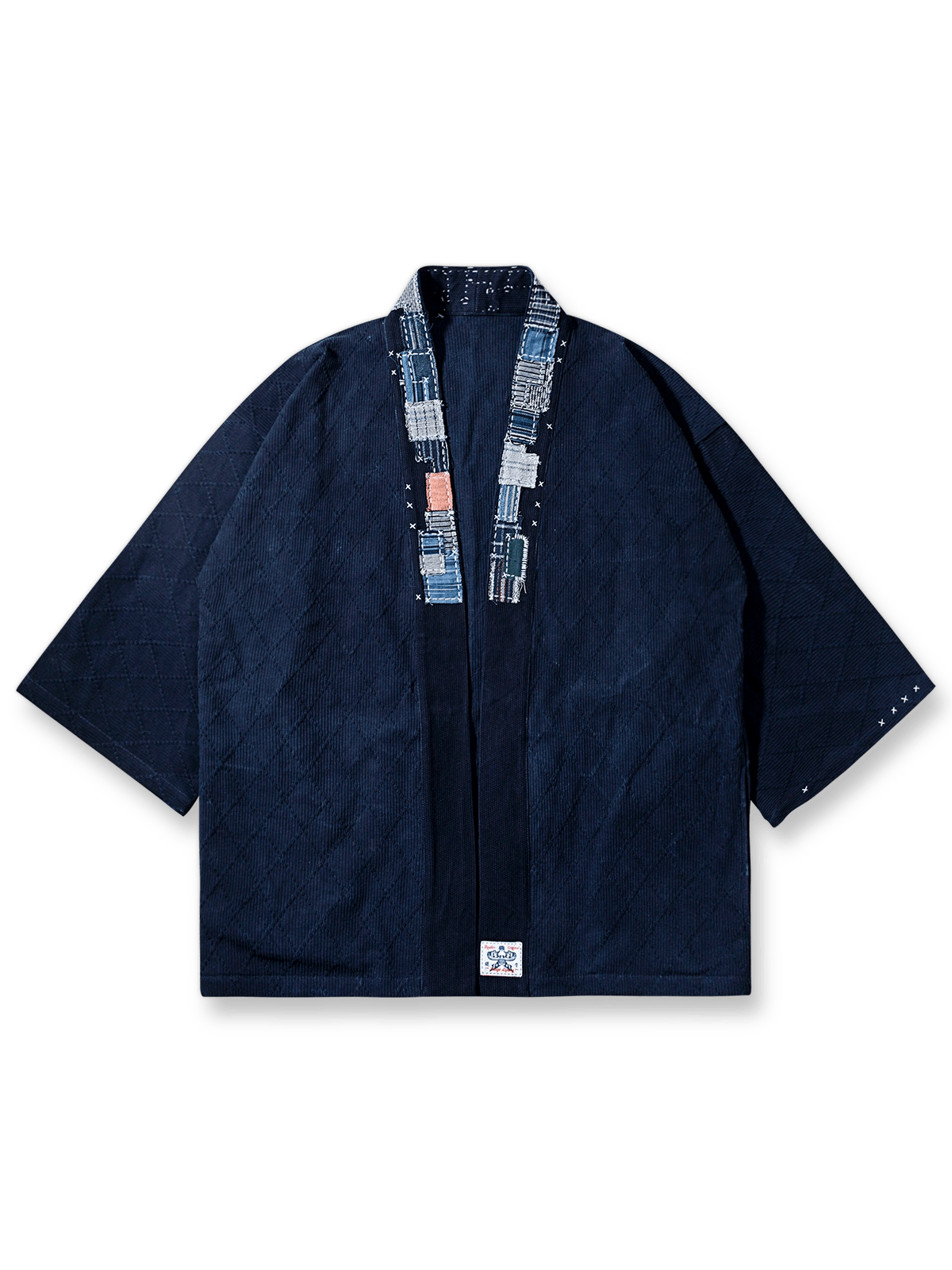 植物染め剣道着生地と侗族手織り布の刺し子パッチワーク七分袖前開きシャツ