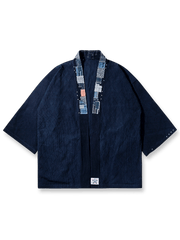 植物染め剣道着生地と侗族手織り布の刺し子パッチワーク七分袖前開きシャツ