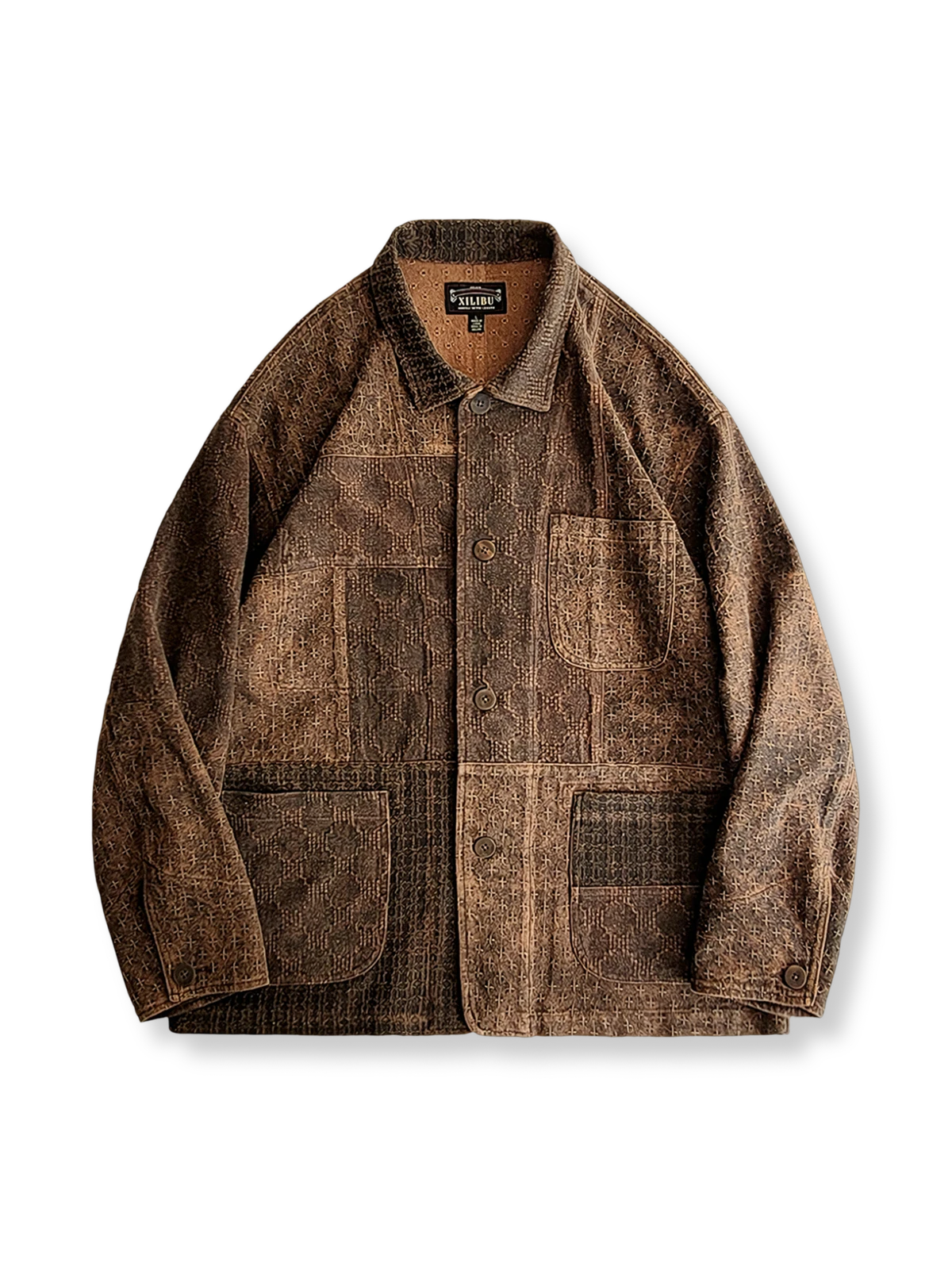 植物染め香云纱とタッサーシルクのピースワークジャケット。