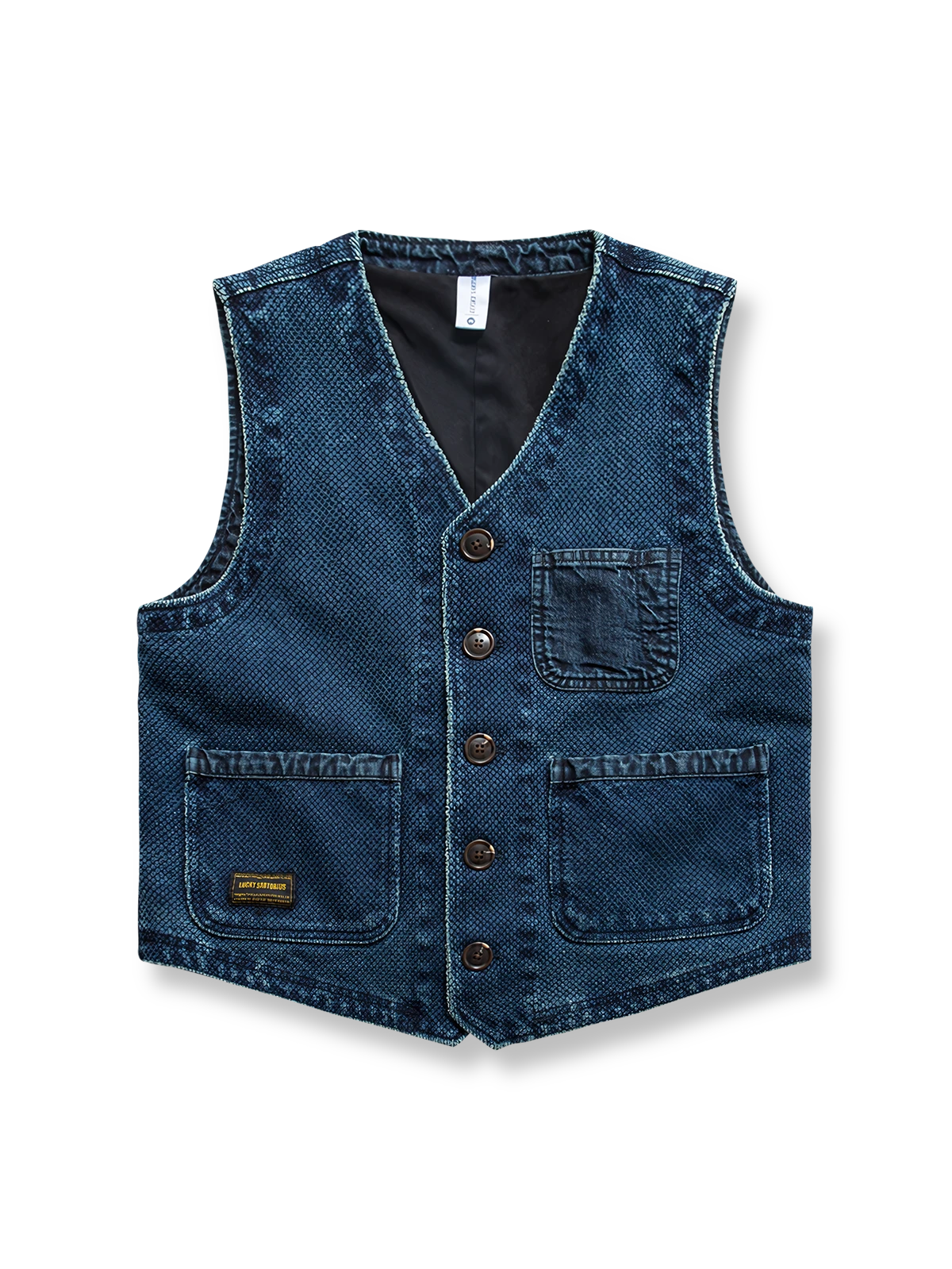 植物藍染めと剣道着風デザインの多ポケットワークベスト。