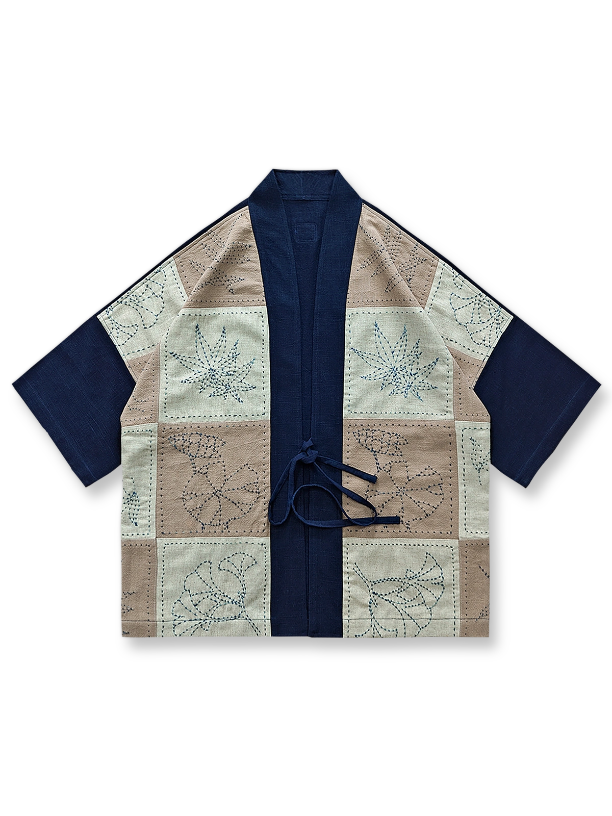 植物刺し子繍パッチワーク半袖はんてんの前面が見える商品画像