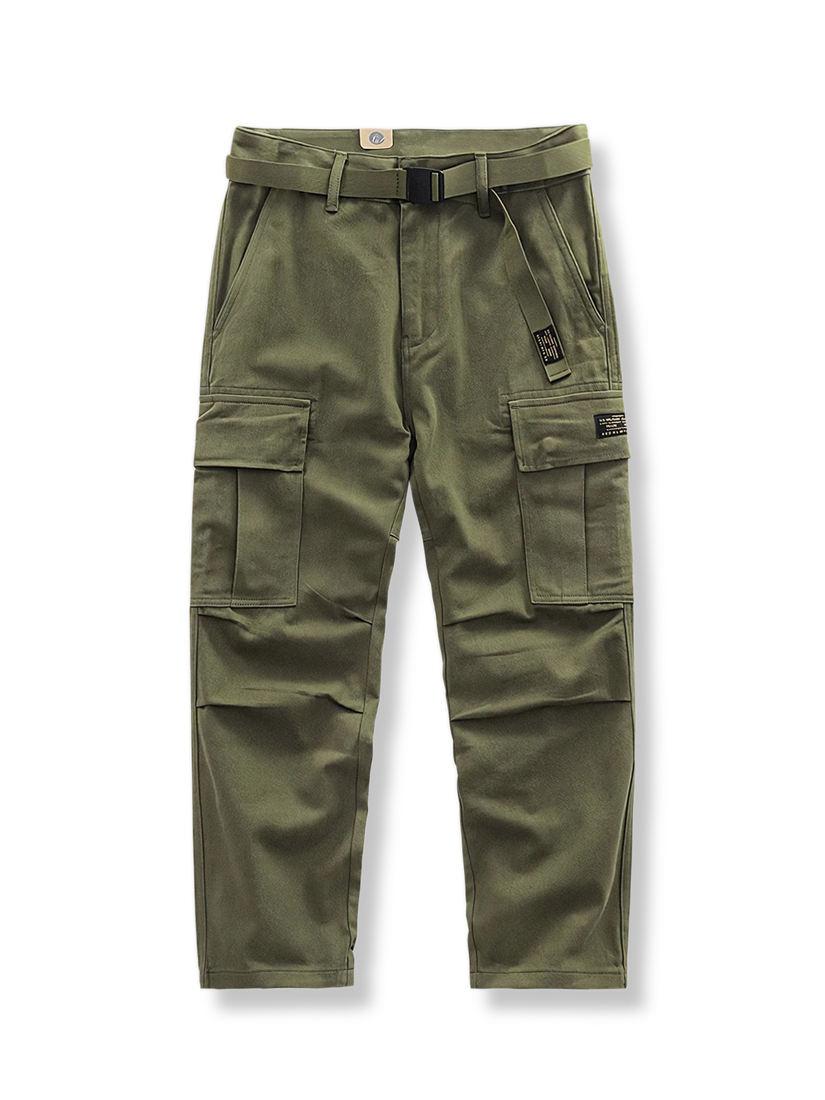 膝プリーツとフラップポケットを備えた全綿ストレートワークパンツ。