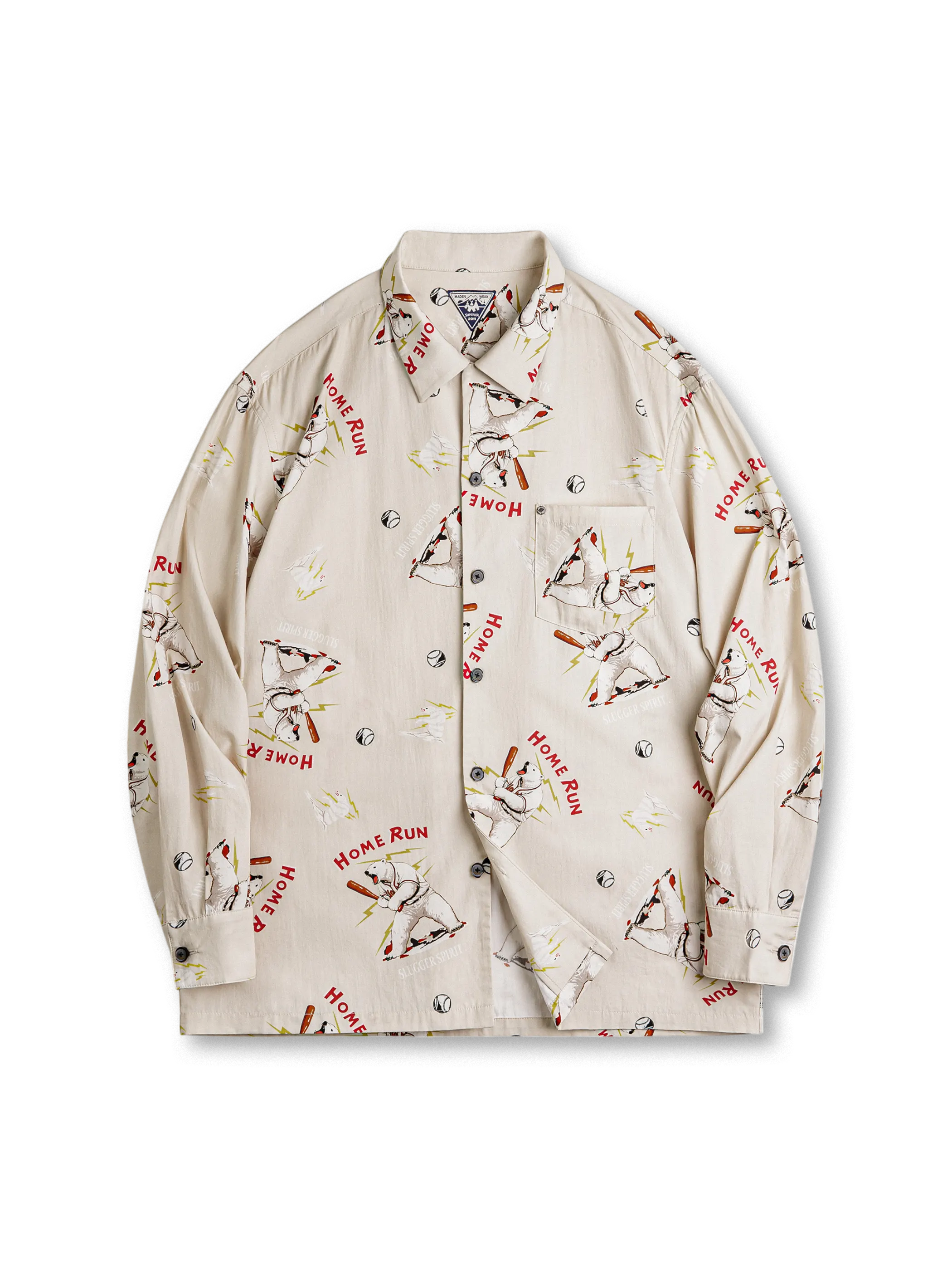 北極熊の野球プリントと「Home Run」ロゴ入り、スポーティ&ヴィンテージ感のあるシャツ。