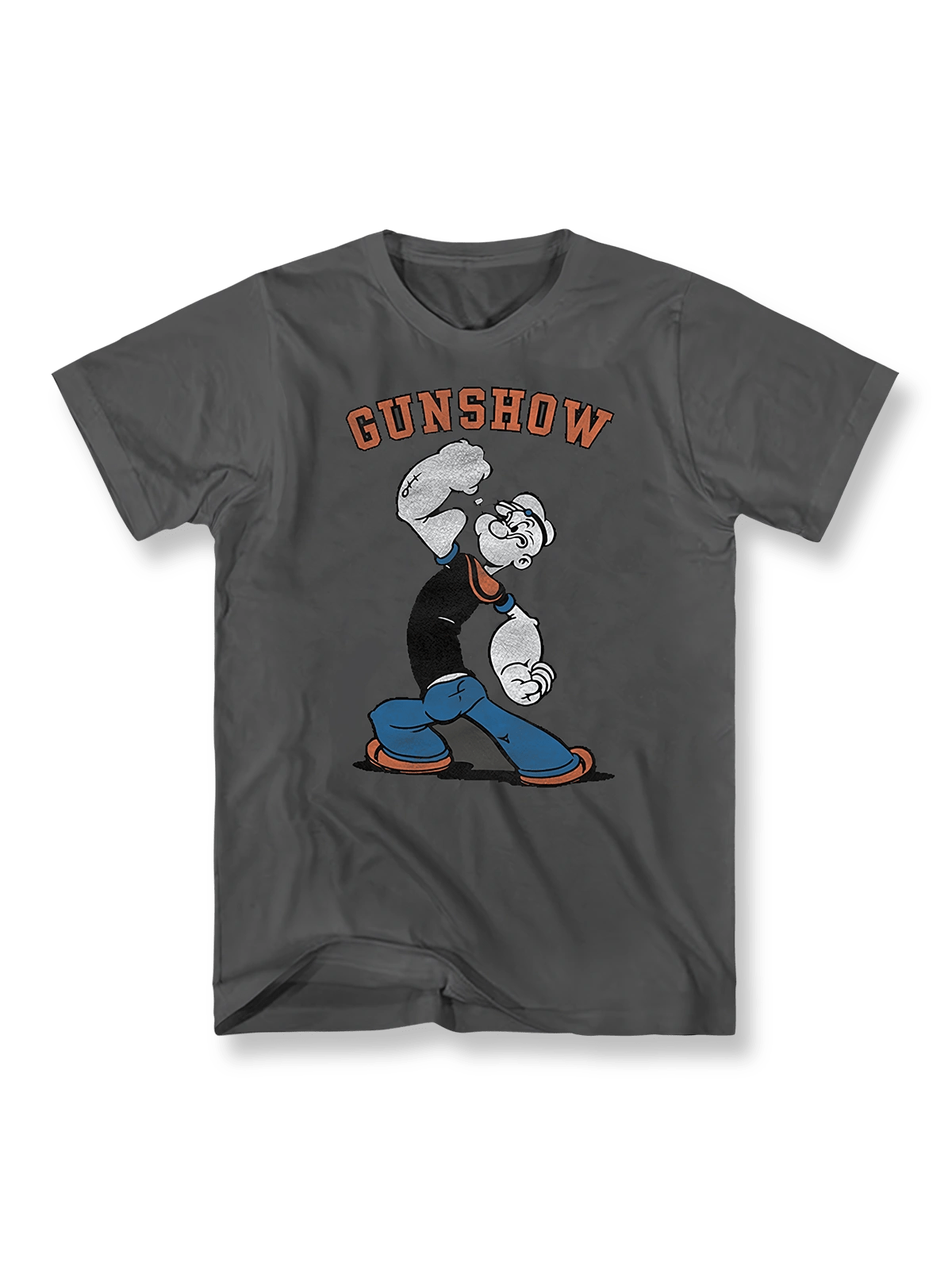 『ポパイ』カートゥーンプリントTシャツの正面画像、ユーモアスタイルデザイン