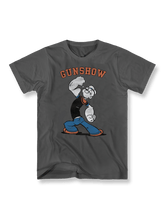 『ポパイ』カートゥーンプリントTシャツの正面画像、ユーモアスタイルデザイン