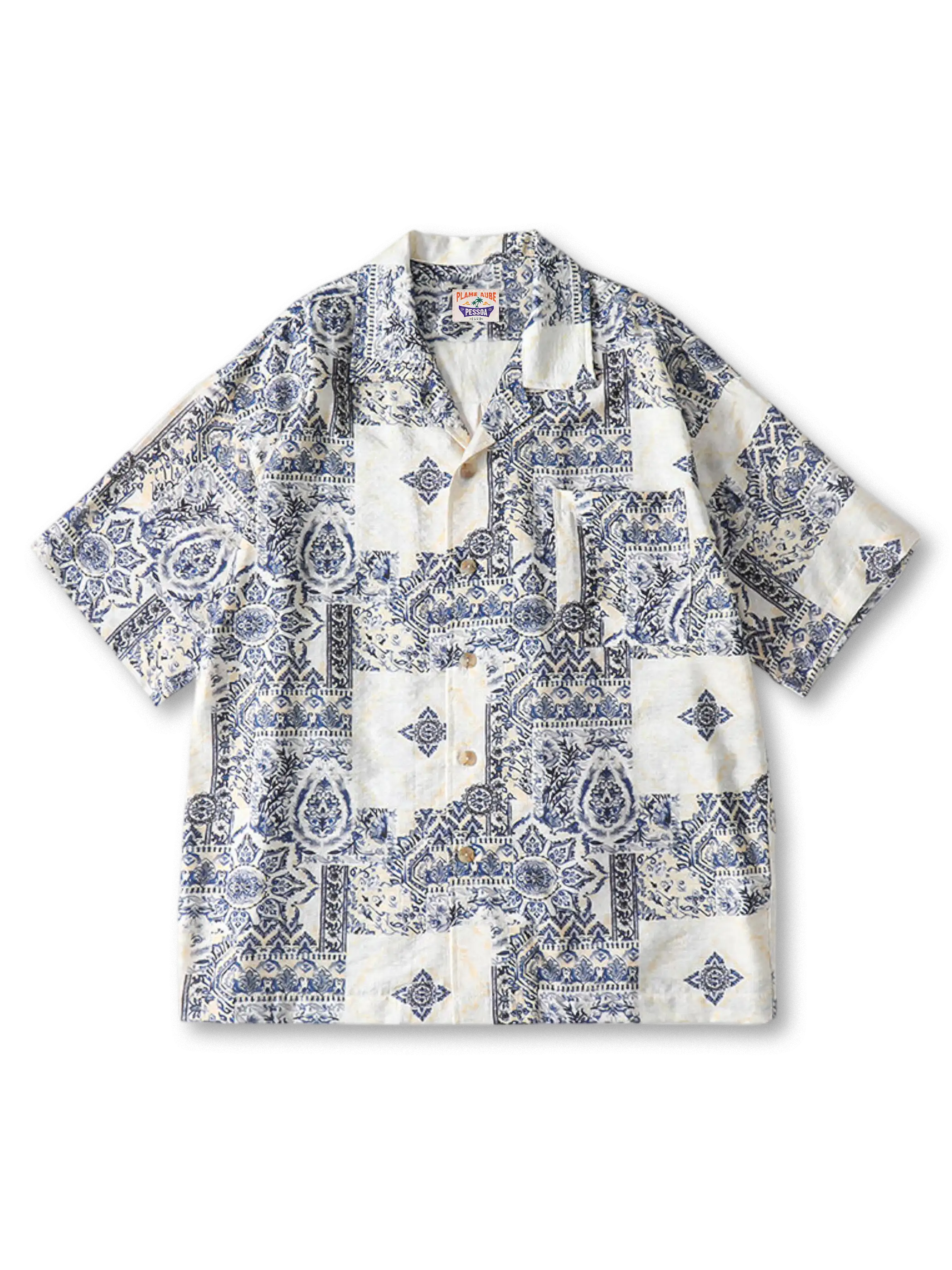 古典的な磁器タイル柄を全面にプリントしたキューバカラーシャツ