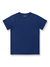 藍染めとヴィンテージウォッシュ加工が施されたコーマコットンのクルーネック半袖Tシャツ