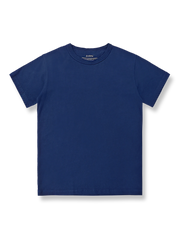 藍染めとヴィンテージウォッシュ加工が施されたコーマコットンのクルーネック半袖Tシャツ