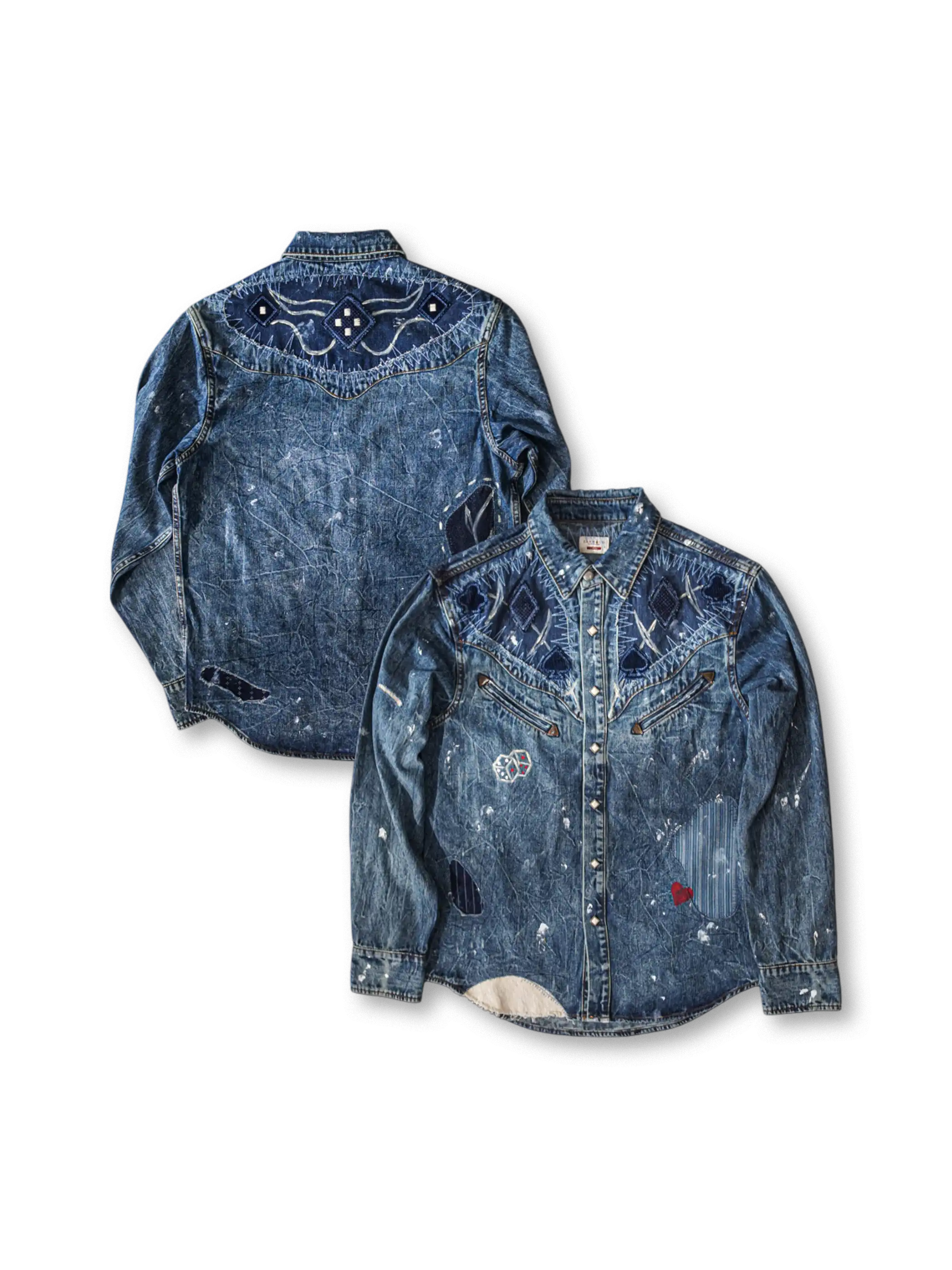 多素材パッチワークとヘビーウォッシュ加工が特徴のギャンブラー風ヴィンテージデニムシャツ。