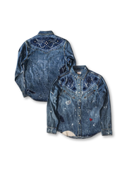 多素材パッチワークとヘビーウォッシュ加工が特徴のギャンブラー風ヴィンテージデニムシャツ。