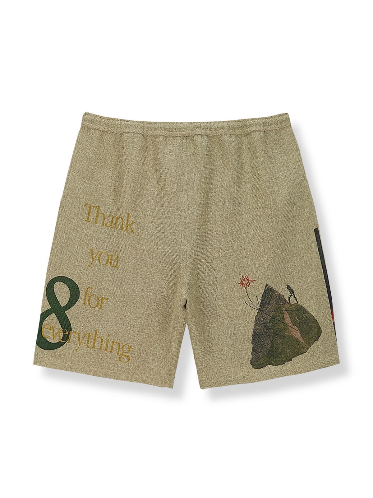 人工ラフィア素材とコットン裏地を用いたプリントラフィアショートパンツ。