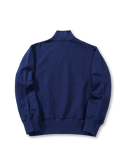 ブラックのハーフジップ スウェット、胸のフェルト縫い付け文字と真鍮ファスナー付き