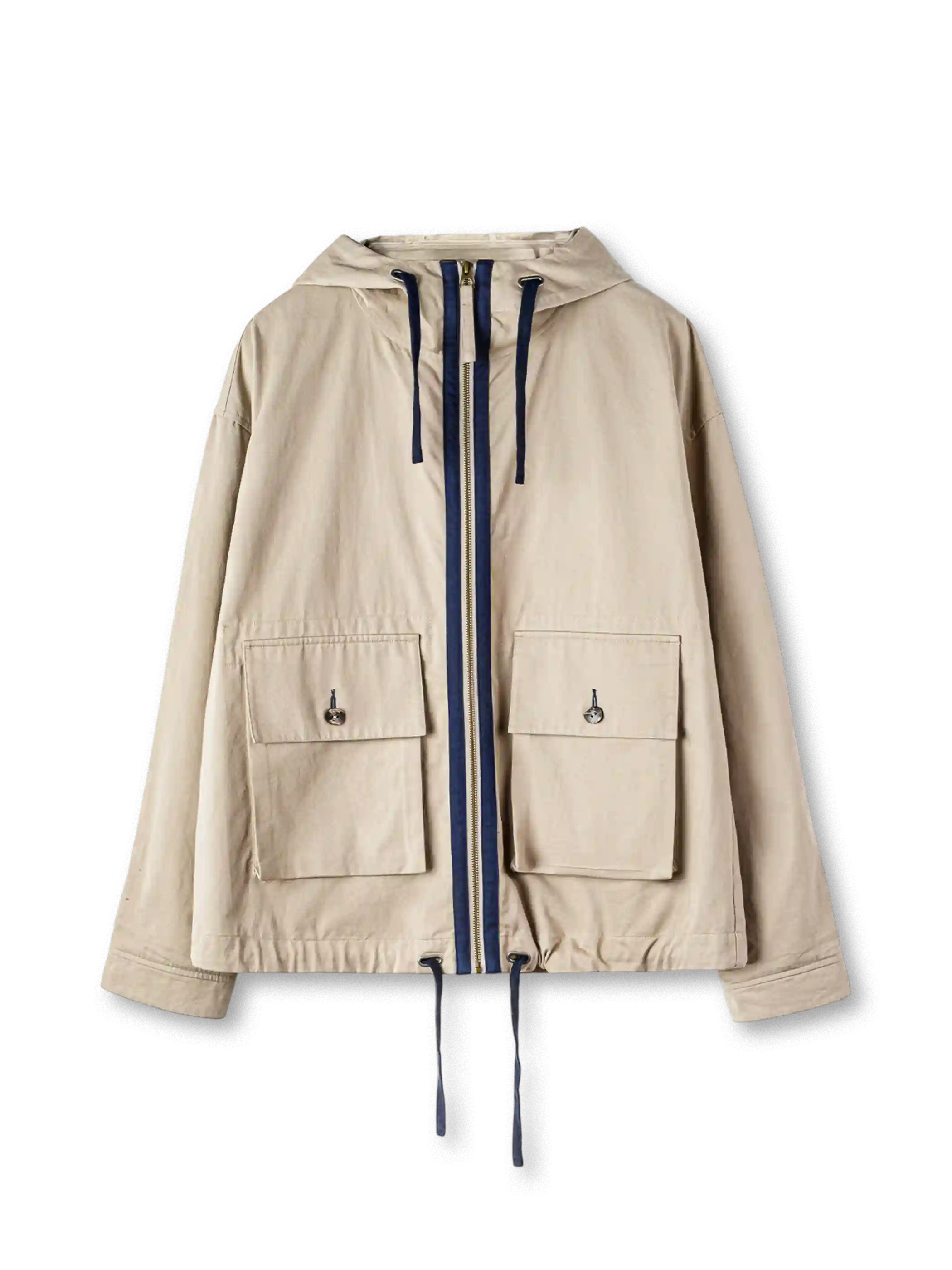 カーキのフード付きキャンバスジャケット、紺の配色ジップとドローコード、胸のフラップポケット付き