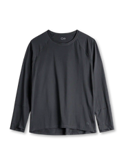 ライトグレーの速乾ロングスリーブTシャツ、クルーネックと前短後長の曲線裾