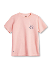 ピンクの厚手ワッフル編みTシャツ、胸元にスケートボードに乗る人物の小さなプリント