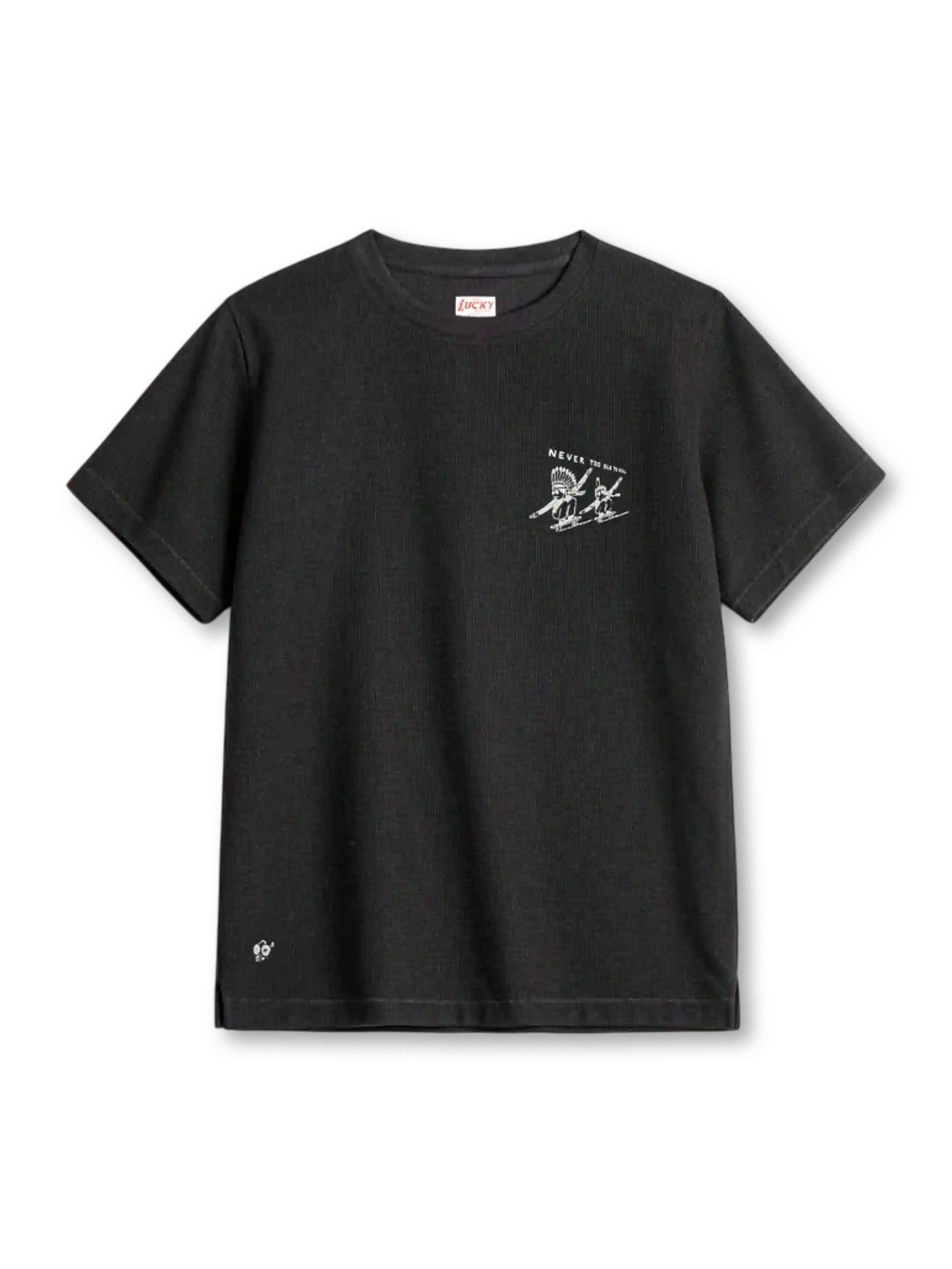 ピンクの厚手ワッフル編みTシャツ、胸元にスケートボードに乗る人物の小さなプリント