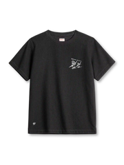 ピンクの厚手ワッフル編みTシャツ、胸元にスケートボードに乗る人物の小さなプリント