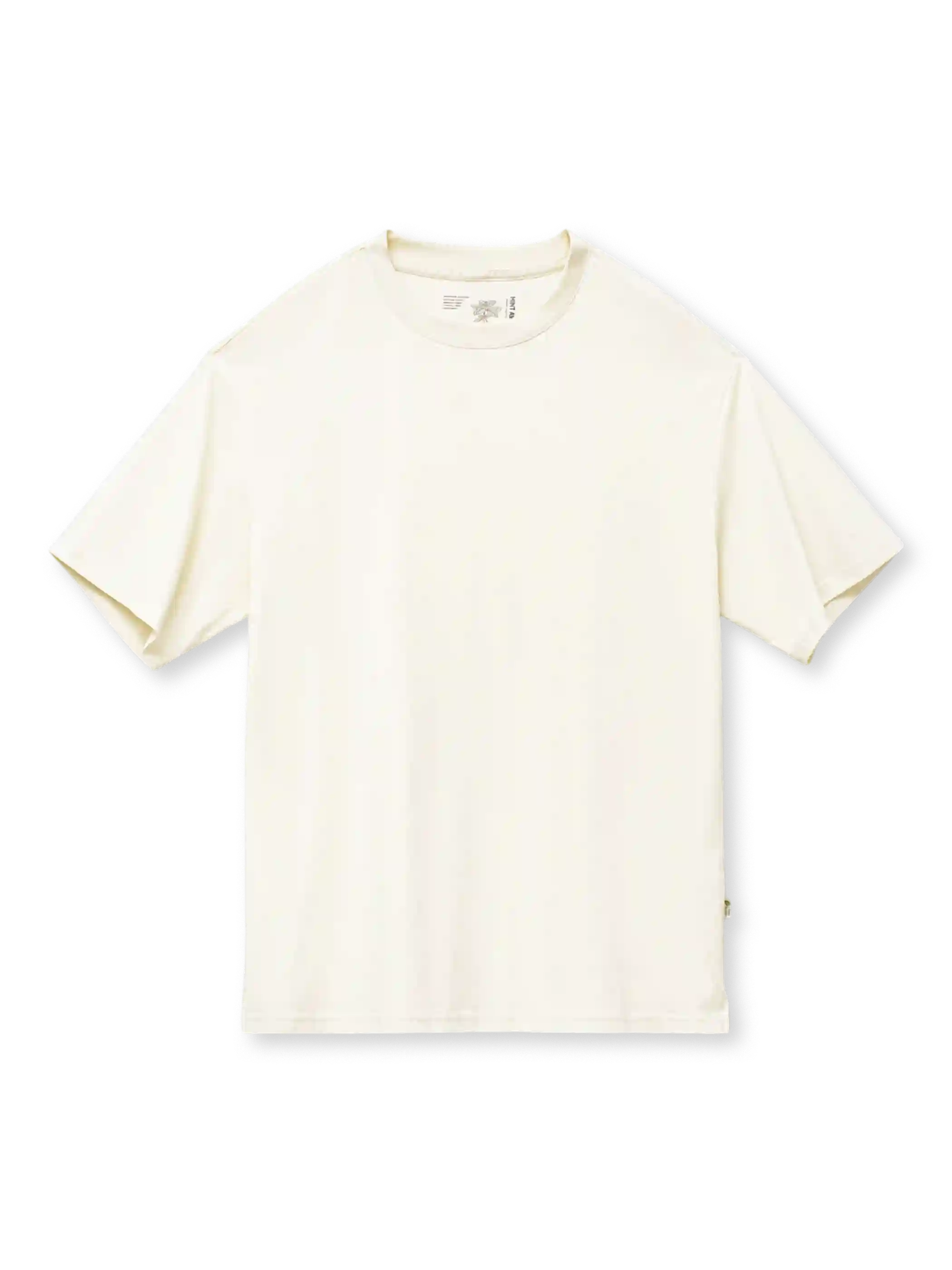 チャコールの無地クルーネックTシャツ、ドロップショルダーのゆったりとしたシルエット