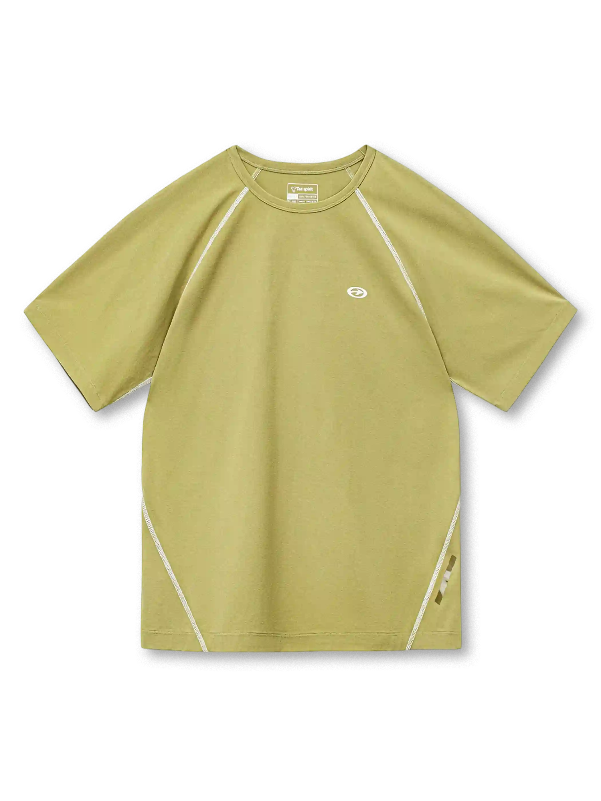 ネイビーのTシャツ、ラグラン袖と脇に沿った白い配色フラットロックステッチ