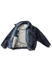 ウォッシュ加工PUレザージャケット エスニック柄裏地付き ダブルレイヤード風