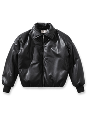 マットなグレー×ブラックのPUレザーボンバージャケット。