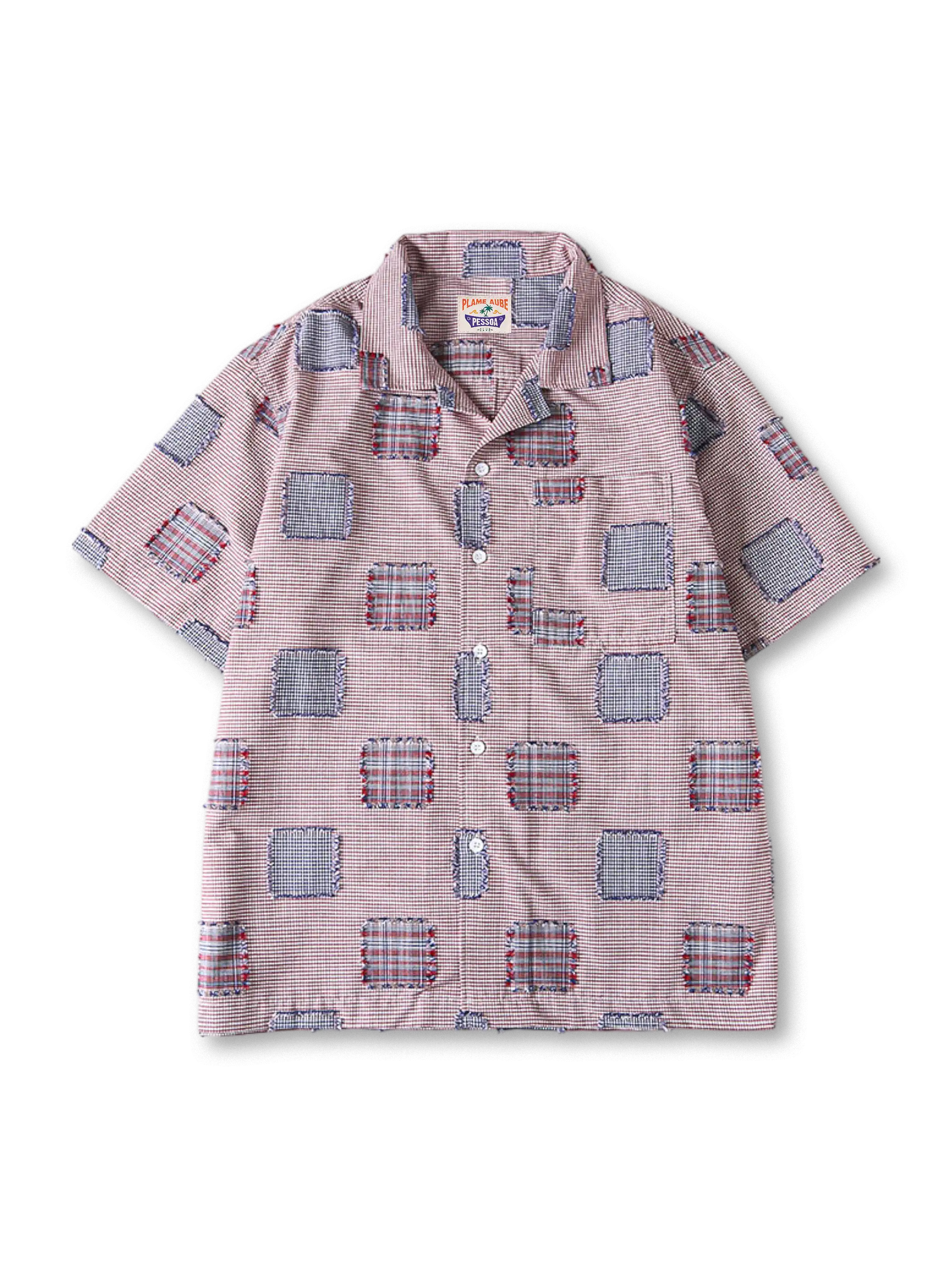 色織り細格子とプディング風パッチワークが映えるキューバカラーシャツ