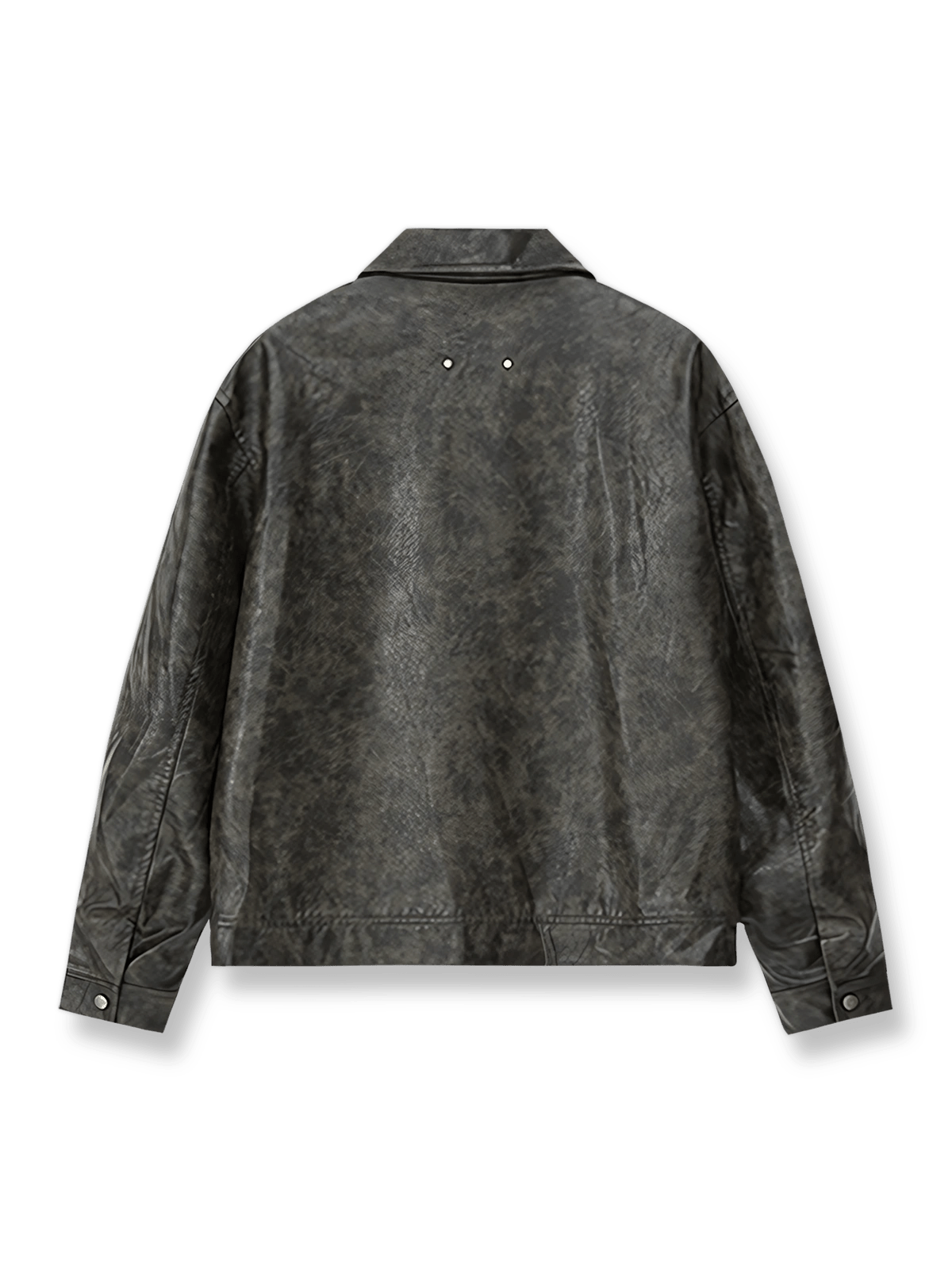 製品画像: ヴィンテージウォッシュドPUレザージャケットの正面ビュー
詳細画像: メタルダブルジップとスナップボタンのディテール表示