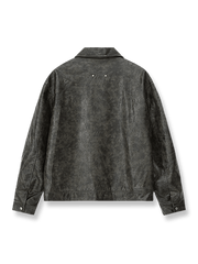 製品画像: ヴィンテージウォッシュドPUレザージャケットの正面ビュー
詳細画像: メタルダブルジップとスナップボタンのディテール表示
