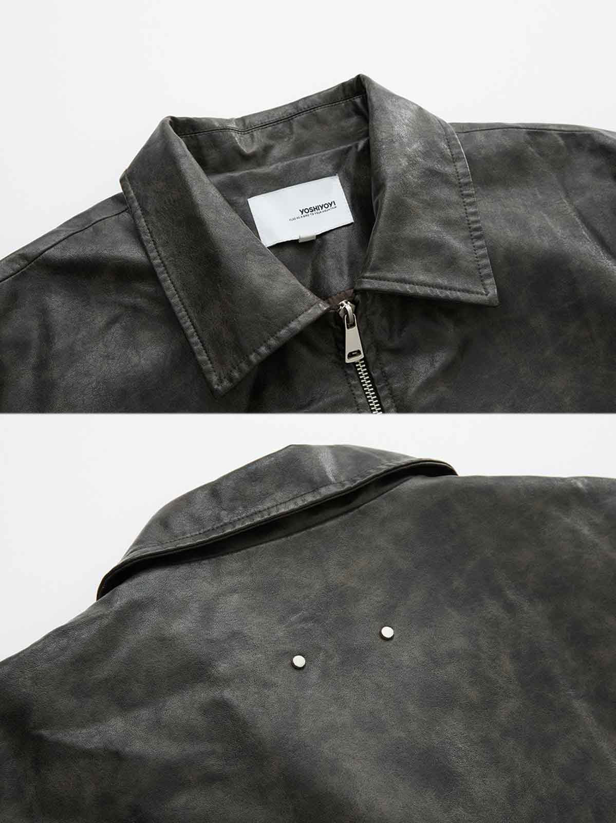 製品画像: ヴィンテージウォッシュドPUレザージャケットの正面ビュー
詳細画像: メタルダブルジップとスナップボタンのディテール表示