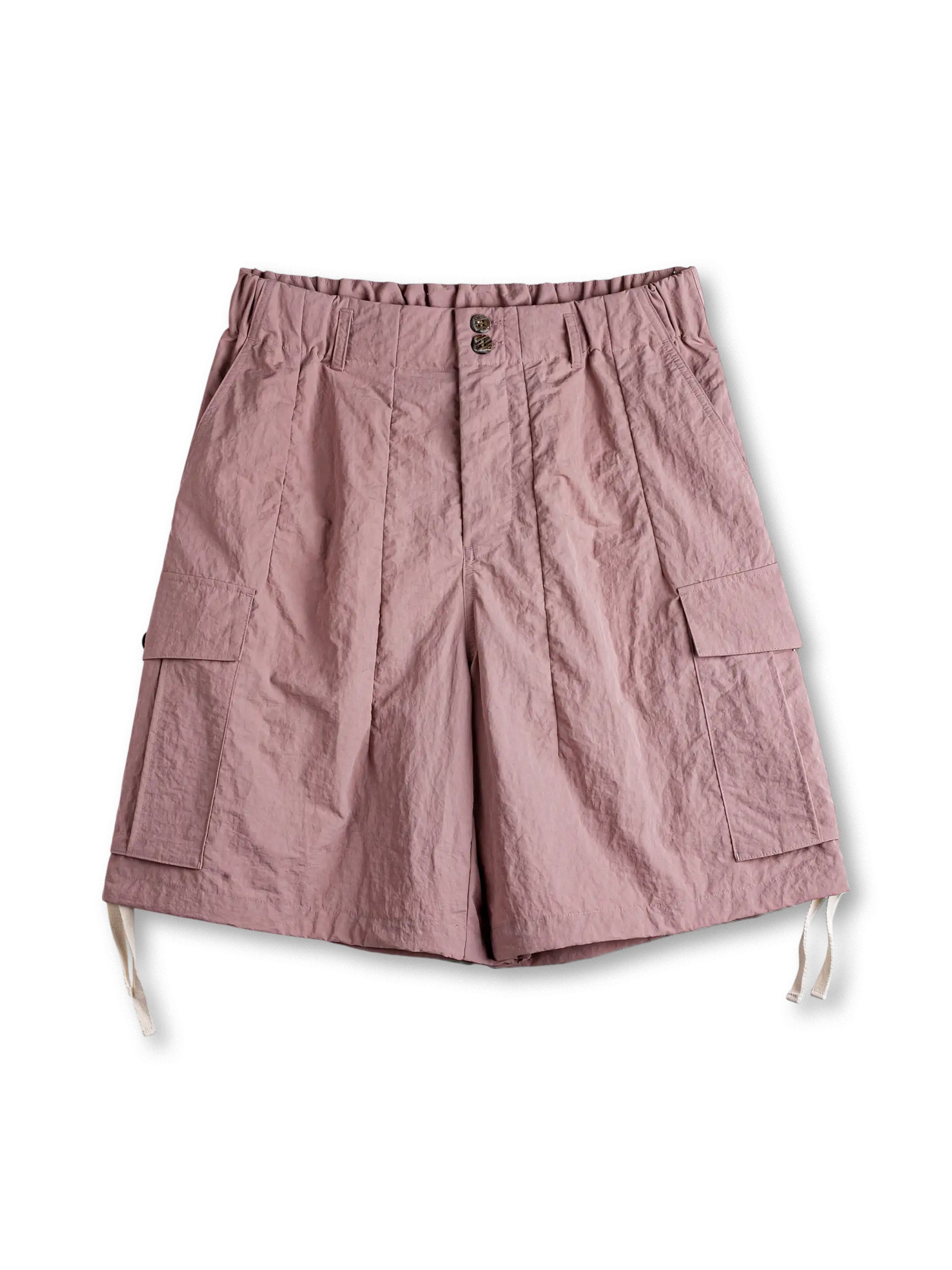 大容量ポケットとドローコード裾が映えるピンクナイロンストレートショーツ