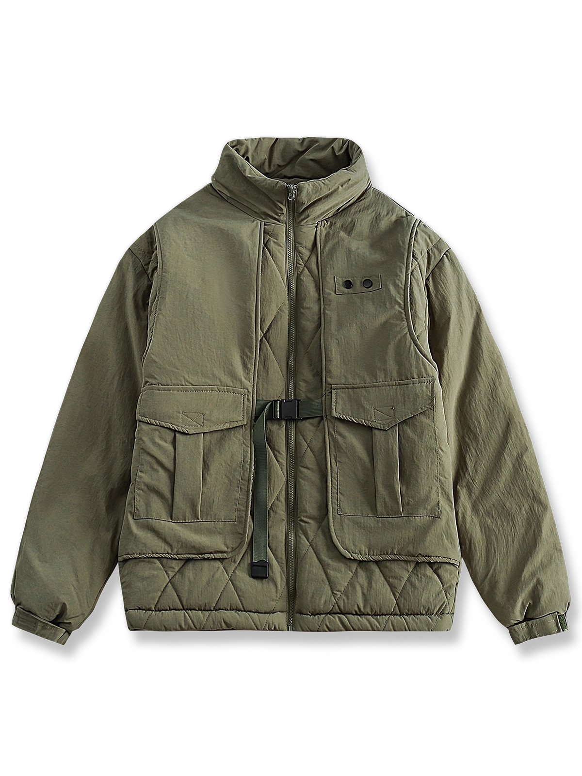 キルティングフェイクレイヤード中綿ジャケット。