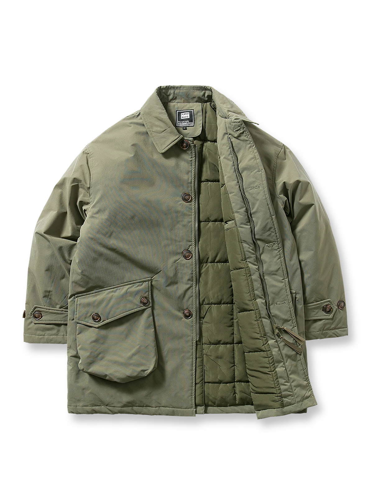 防風・防水性能とキルティング中綿で暖かさを保つミドル丈コート。