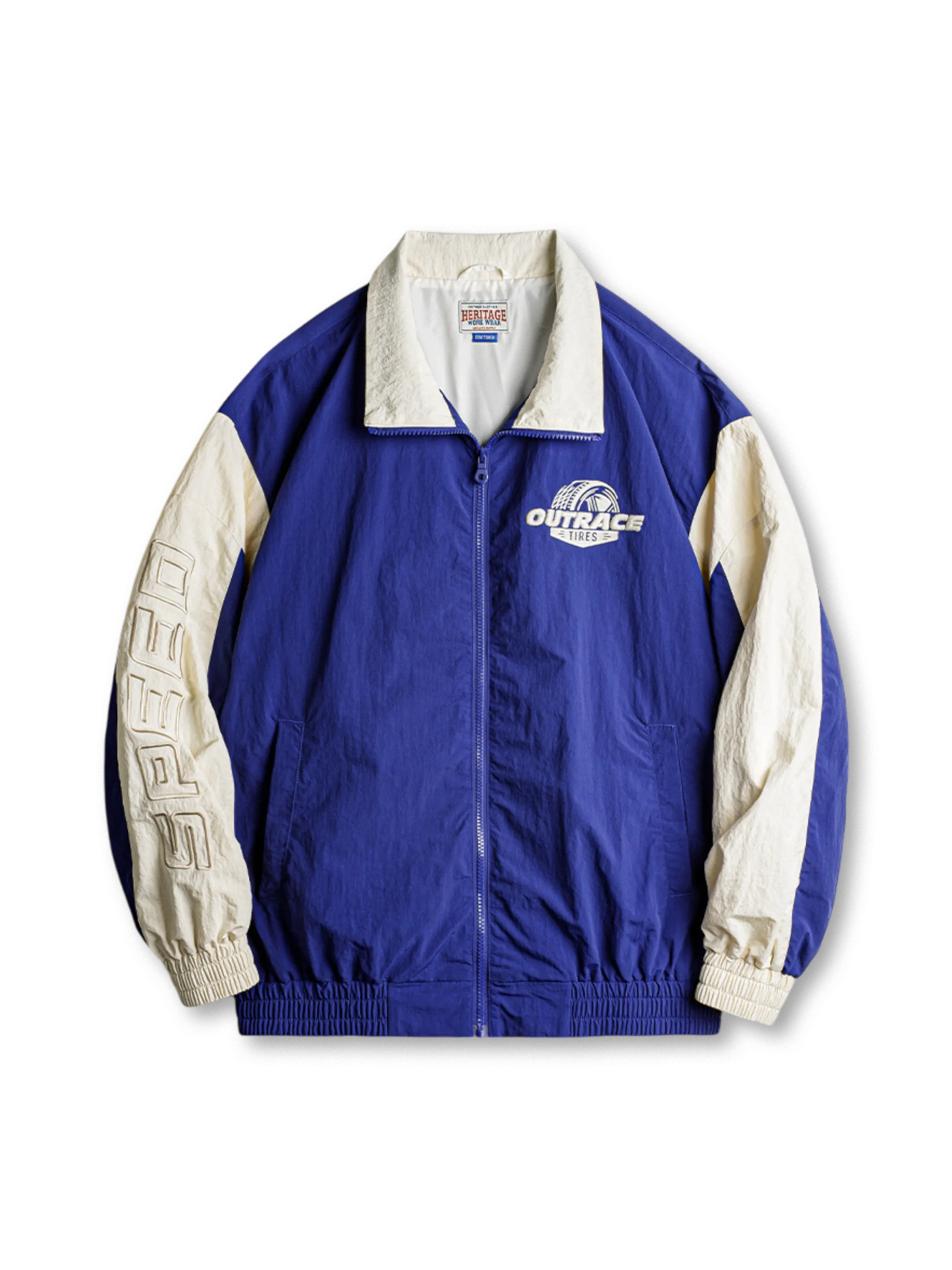 90年代レーサーカルチャー着想の鮮やかなカラーブロックと刺繍入りレーシングジャケット。