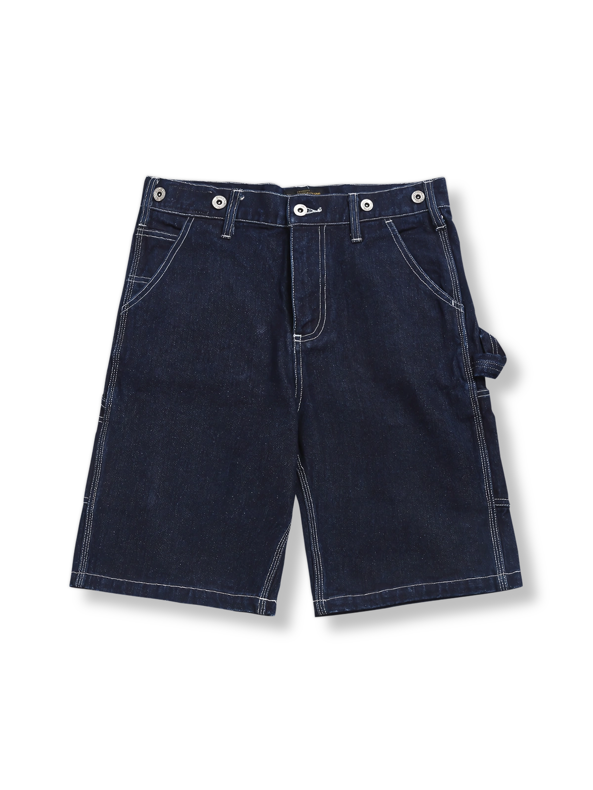 レイルロードストライプとレザーサスペンダー付きプレーンデニムのワークショーツ